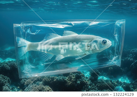 Underwater Scene Featuring Fish Encased in Transparent Packaging Surrounded by Coral Reef 132224129