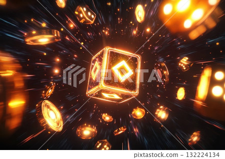 Glowing Casino Dice and Chips in Space with Dynamic Energy and Bright Colorful Background 132224134