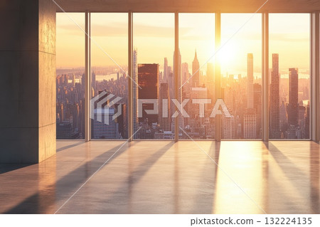 Sunrise Over New York City Skyline from Modern Interior Space with Large Windows 132224135