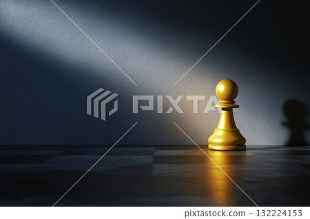 Golden Chess Pawn on Dark Surface with Dramatic Lighting and Shadow Play in Background Golden Chess Pawn on Dark Surface with Dramatic Lighting and Shadow Play in Background 132224153
