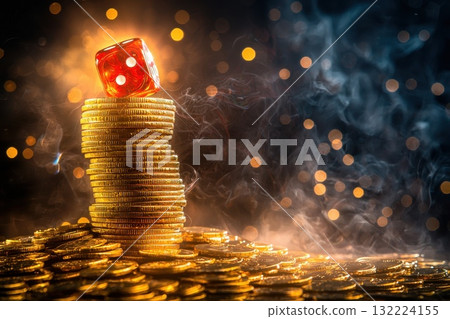 Red Dice on Top of Golden Coins with Blurred Lights and Smoke Background for Gambling Theme 132224155