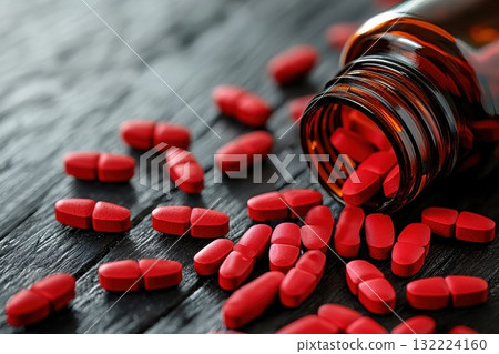 Red Pills Spilled from Brown Bottle on Dark Wooden Surface Creating a Striking Visual Appeal Red Pills Spilled from Brown Bottle on Dark Wooden Surface Creating a Striking Visual Appeal 132224160