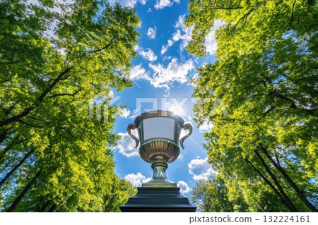 Silver Trophy Surrounded by Lush Green Trees Under Bright Blue Sky with Fluffy Clouds Silver Trophy Surrounded by Lush Green Trees Under Bright Blue Sky with Fluffy Clouds 132224161