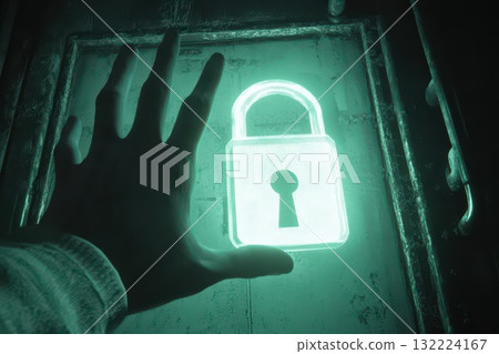 Glowing Lock Icon with Hand Reaching Out in a Mysterious Dark Environment Glowing Lock Icon with Hand Reaching Out in a Mysterious Dark Environment 132224167