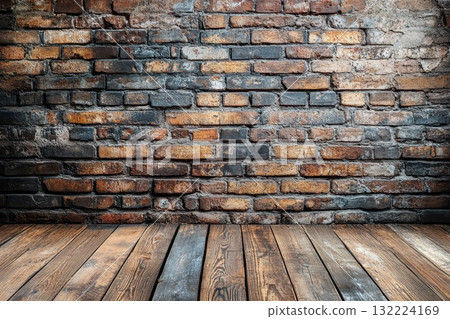 Rustic Brick Wall and Wooden Floor for Interior Design, Background, or Construction Projects 132224169