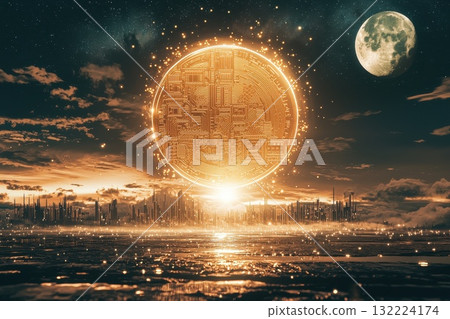 Golden Cryptocurrency Coin Rising Above Futuristic Cityscape Under Starry Sky at Dusk Golden Cryptocurrency Coin Rising Above Futuristic Cityscape Under Starry Sky at Dusk 132224174