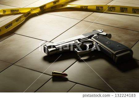 Silver Handgun and Bullet on Floor with Caution Tape in an Abandoned Crime Scene Setting 132224183