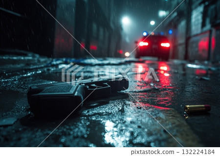 Dark Urban Alley with Gun and Police Car Illuminated by Rain and Neon Lights at Night 132224184