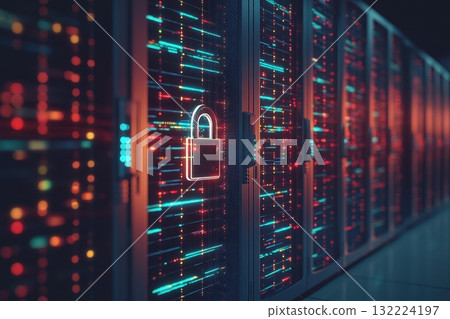 A computer server room with a large number of servers and a lock on the door 132224197