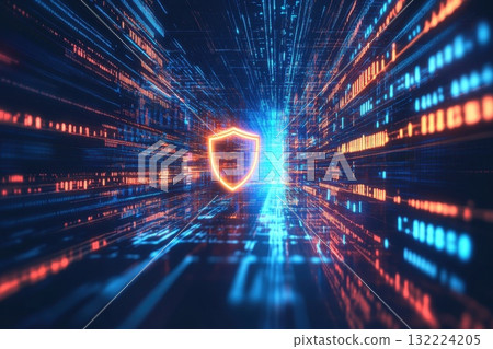 A glowing blue and orange shield is displayed in a futuristic cityscape A glowing blue and orange shield is displayed in a futuristic cityscape 132224205