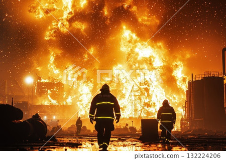 Two firefighters are walking through a burning building 132224206