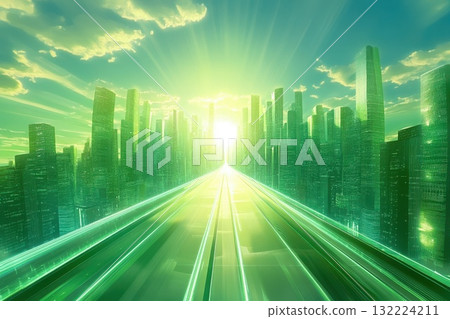 Futuristic Cityscape with Green Hues and Bright Sunlight Near a Shimmering Pathway 132224211