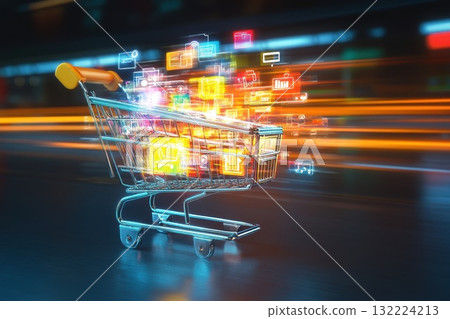 Shopping Cart with Colorful Digital Icons Representing E-commerce and Online Shopping Concepts Shopping Cart with Colorful Digital Icons Representing E-commerce and Online Shopping Concepts 132224213
