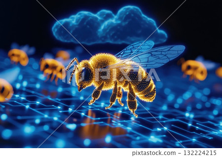 Digital Illustration of Vibrant Honey Bee Amongst Futuristic Technology and Cloud Concept Digital Illustration of Vibrant Honey Bee Amongst Futuristic Technology and Cloud Concept 132224215