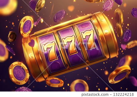 Golden Slot Machine with 777 Jackpot Symbols Surrounded by Flying Casino Chips and Coins 132224218