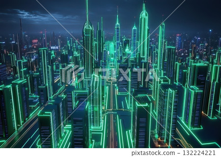 Futuristic Cityscape with Neon Glow at Night in a Cyberpunk Style 132224221