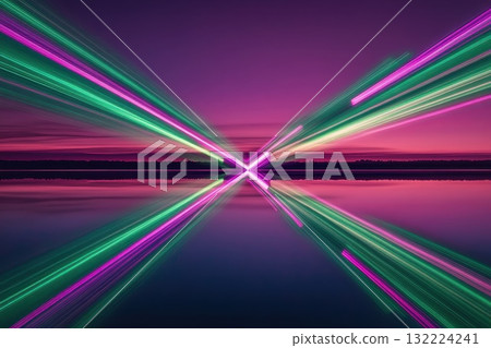 Vibrant Light Beams Reflected Over Calm Water at Dusk Creating a Stunning Natural Display 132224241