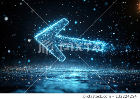 Sparkling Blue Arrow Against a Dark Background with Shimmering Particles and Light Effects 132224254