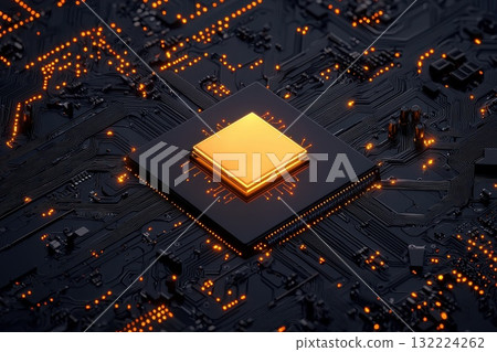 Close-Up View of a Central Processing Unit with Circuit Board and Glowing Elements 132224262