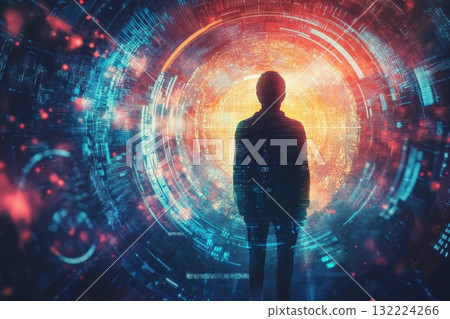 Silhouette of a Person Standing in Front of a Circular Digital Portal with Bright Lights Silhouette of a Person Standing in Front of a Circular Digital Portal with Bright Lights 132224266