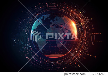 Futuristic Global Network Concept with Earth Surrounded by Digital Circuits and Lights Futuristic Global Network Concept with Earth Surrounded by Digital Circuits and Lights 132224268