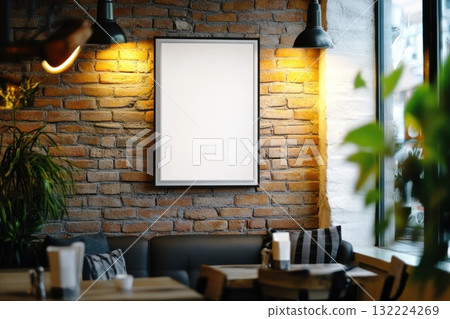 Cozy cafe interior with empty frame on a brick wall and warm lighting ambiance 132224269