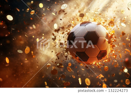 Explosive Soccer Ball Surrounded by Flying Coins in Dramatic Golden Light Effect Explosive Soccer Ball Surrounded by Flying Coins in Dramatic Golden Light Effect 132224273