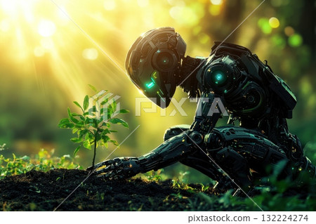 Robot Nurturing Young Plant in Lush Green Environment with Sunlight Background 132224274