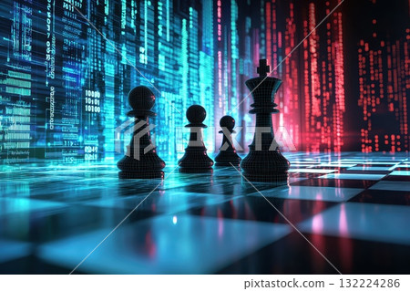 Digital Chessboard with Black Pieces Against Futuristic Background of Binary Code 132224286