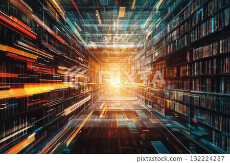 Abstract Digital Library with Dynamic Lights and Perspective Leading to Bright Center 132224287