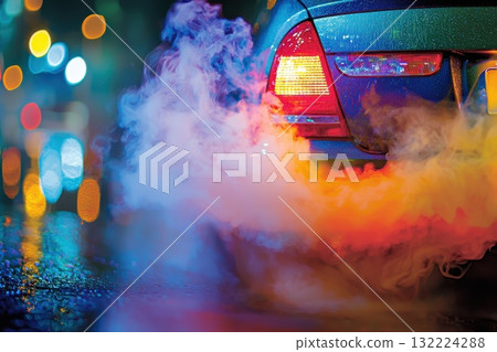Colorful Night Scene with Car Exhaust Smoke and Reflections in Rain on City Streets 132224288
