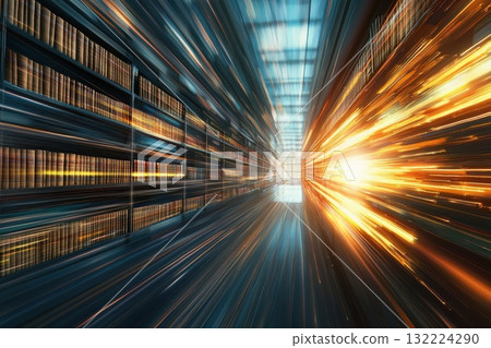 Dynamic Perspective of Modern Library with Light Burst Effect and Rows of Bookshelves 132224290