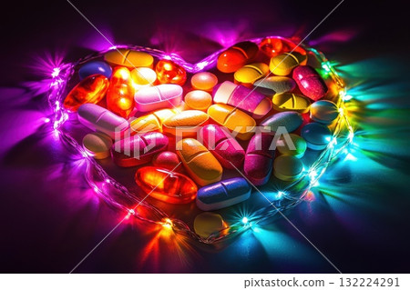 Colorful Heart Shape Arrangement of Various Pills and Capsules with LED Lights Background 132224291
