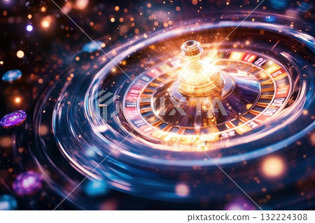 Vibrant Roulette Wheel with Sparkling Lights and Energetic Swirls in a Casino Atmosphere Vibrant Roulette Wheel with Sparkling Lights and Energetic Swirls in a Casino Atmosphere 132224308