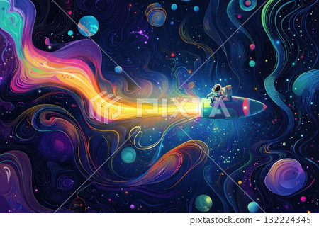 Astronauts Floating in Colorful Cosmic Background 132224345
