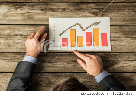 Businessman in Suit Pointing at Bar Graph Displaying Positive Growth on Wooden Table 132224355