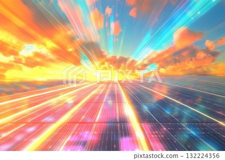 Vibrant Dynamic Scene Featuring Solar Panels and Wind Turbines against a Colorful Sky 132224356