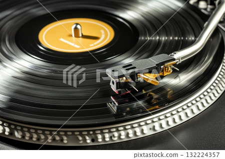 Spinning Vinyl Record on Turntable Capturing Vibrant Sound Waves and Musical Nostalgia 132224357
