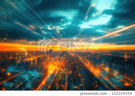 Dynamic Scene of Solar Panels and Wind Turbines at Sunset Over a City Skyline Dynamic Scene of Solar Panels and Wind Turbines at Sunset Over a City Skyline 132224359