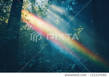 Sunlight Streaming Through Trees with a Spectacular Rainbow Flare in a Lush Forest Scene Sunlight Streaming Through Trees with a Spectacular Rainbow Flare in a Lush Forest Scene 132224360
