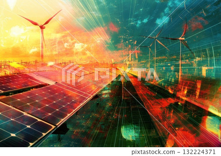 Dynamic Scene of Solar Panels and Wind Turbines Under Vibrant Skies at Sunset 132224371