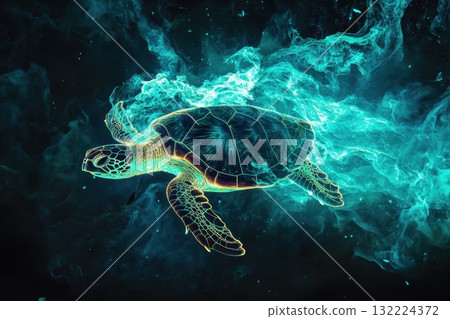 Sea Turtle Swimming Through Vibrant Aquatic Environment in Ethereal Blue Light Sea Turtle Swimming Through Vibrant Aquatic Environment in Ethereal Blue Light 132224372