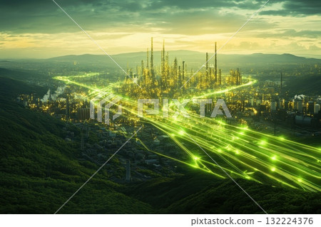 Cinematic Depiction of a Vibrant Green Valley with a Futuristic City Landscape at Dusk 132224376