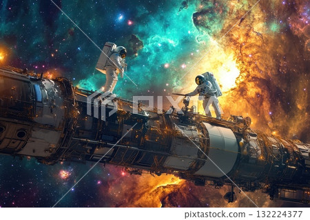 Astronauts Assembling a Modular Structure in Space Against a Vibrant Cosmic Background Astronauts Assembling a Modular Structure in Space Against a Vibrant Cosmic Background 132224377