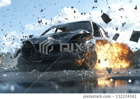 Realistic Daytime Scene of a Car Accident with Explosions and Debris in Full HD Quality Realistic Daytime Scene of a Car Accident with Explosions and Debris in Full HD Quality 132224381