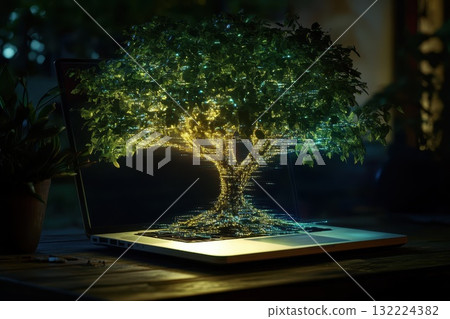 Tree Growing Out of a Laptop in a Lush Environment at Night Tree Growing Out of a Laptop in a Lush Environment at Night 132224382