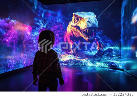 Child Exploring Interactive Virtual Museum with Dinosaur Projection in Modern Environment Child Exploring Interactive Virtual Museum with Dinosaur Projection in Modern Environment 132224383