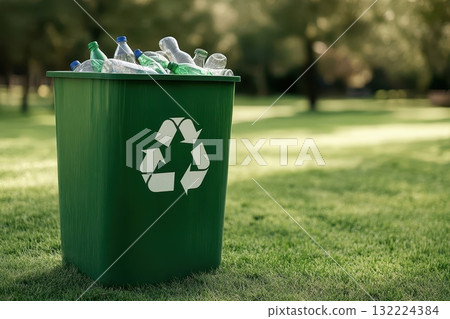 Close-up of a Green Recycling Bin Filled with Recyclable Bottles in Natural Setting Close-up of a Green Recycling Bin Filled with Recyclable Bottles in Natural Setting 132224384