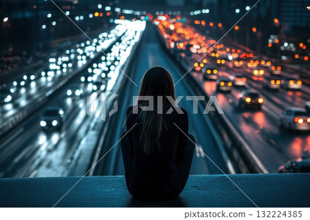 Woman Crouching on a Bridge Overlooking Congested Highway with Traffic and City Lights Woman Crouching on a Bridge Overlooking Congested Highway with Traffic and City Lights 132224385