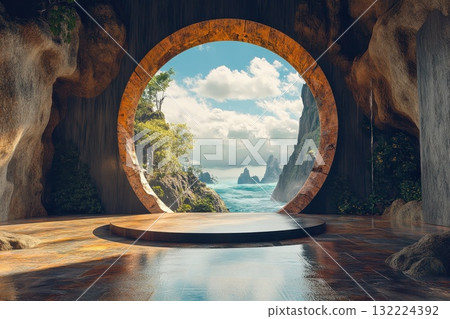 Photorealistic Portal to Surreal Landscape with Ocean and Mountains in Virtual Reality Setting 132224392